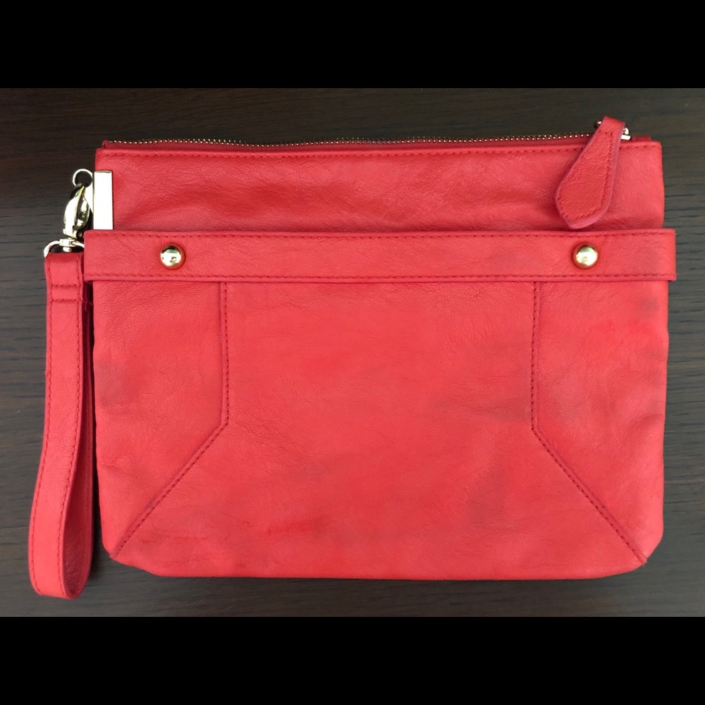 Happy, bright coral clutch from The Limited